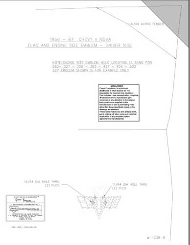 [W-1238] Fender Emblem Template Kit - For "V8 Flag & Engine Size" Emblem - 66-67 Chevy II Nova (Standard)