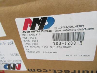 1968 Barracuda Fast Back Full Quarter - AMD - Mopar A-Body 700-1268-R