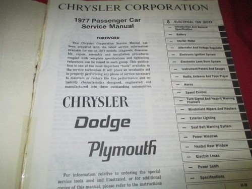 1977 77 Service Manual Electrical Mopar Chrysler Plymouth Dodge