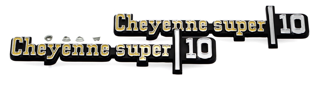 Front Fender Emblems - "Cheyenne Super 10" - LH/RH Pair - 73-76 Chevy C/K Pickup