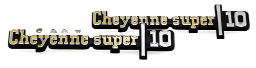 [T-9775] Front Fender Emblems - "Cheyenne Super 10" - LH/RH Pair - 73-76 Chevy C/K Pickup